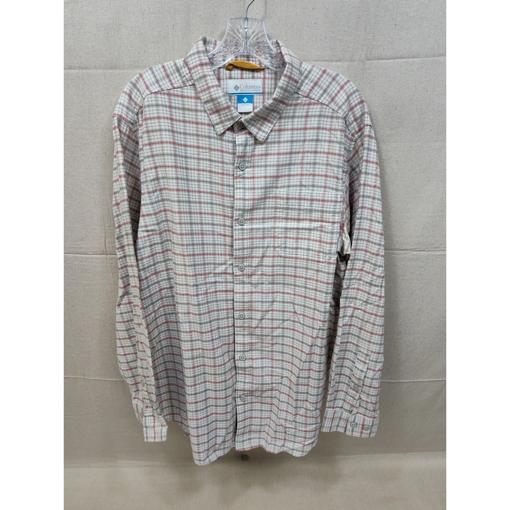 Columbia Mens Large Long Sleeve Plaid Button Down Shirt Red White Grey Pocket